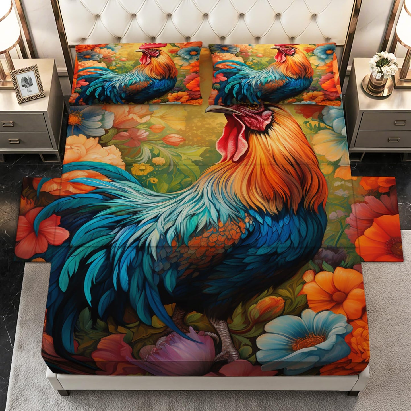 Zoainuos Chicken Sheets King Size Deep Pocket, Rooster Farmhouse Bed Sheet Set, Soft Microfiber Wrinkle Free Bedding Sheets & Pillowcases, Farm Animal Gifts