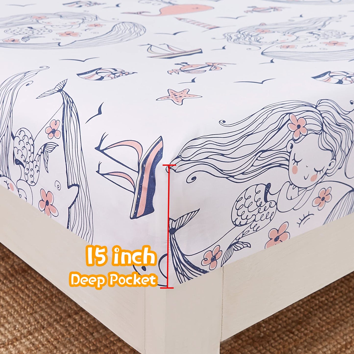JSD Mermaid Girls Sheet Set Twin Size, 3 Piece Ocean Theme Microfiber Kids Bed Sheets Deep Pocket