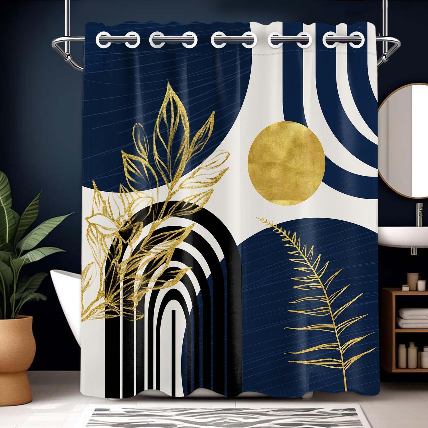 Bxpaitx Navy Blue Hookless Shower Curtain with Snap in Liner Set, Boho Dark Blue and Gold No Hook Shower Curtains for Mens Bathroom, Liner with Magnets, Waterproof Cloth Fabric, 71" W x 74" L