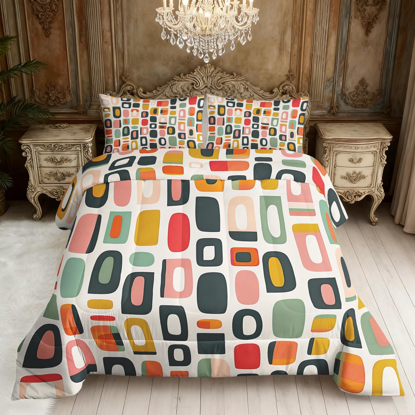 ZDABAOEC Mid Century Retro Queen Comforter Set 3 Piece, 2 Pillow Shams, Geometric Abstract 70s Reversible Down Alternative All Season Bedding, Soft Microfiber, Retro Bedroom Decor