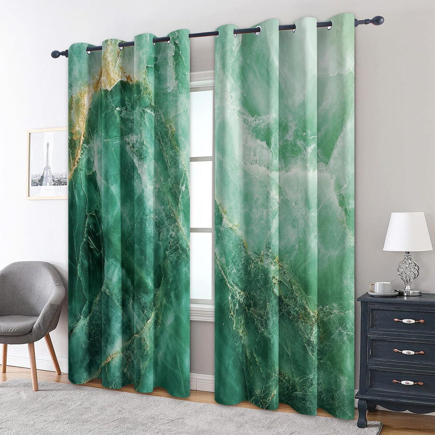 MOBEITI Green and Gold Marble Curtains - Abstract Window Curtains, Fluid Art Swirl Curtain for Bedroom Living Room, Marble Blackout Curtain 54 Inches Long, Home Decor Drapes 2 Panel Sets