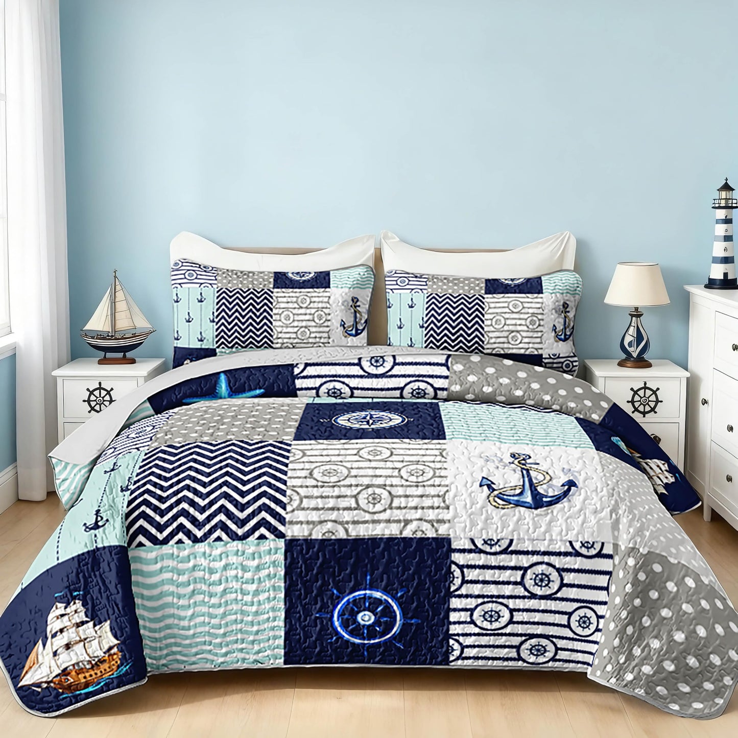HOSIMA Nautical Quilts Queen Size,Plaid Patchwork Ocean Themed Bedding Sailboat and Anchor Print Coastal Bedding for Bedroom Nautical Decor,Navy Blue with 2 Pillowcases.