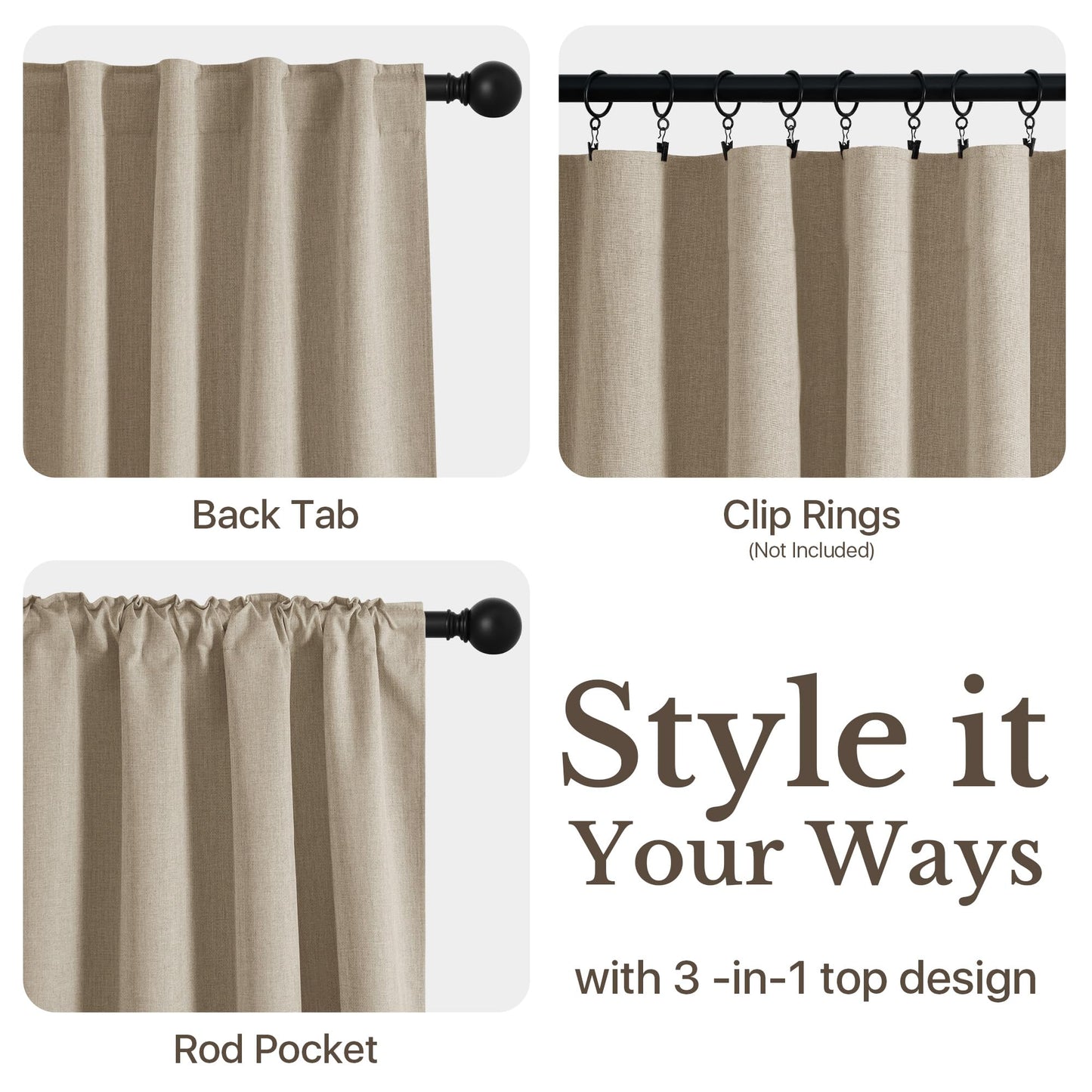 NICETOWN Scratch-Proof 100% Blackout Beige Curtains for Living Room, High-Density Linen Blend Window Treatments Rod Pocket & Back Tab Thermal Drapes for Nightshift, W52 x L84, 2 Panels