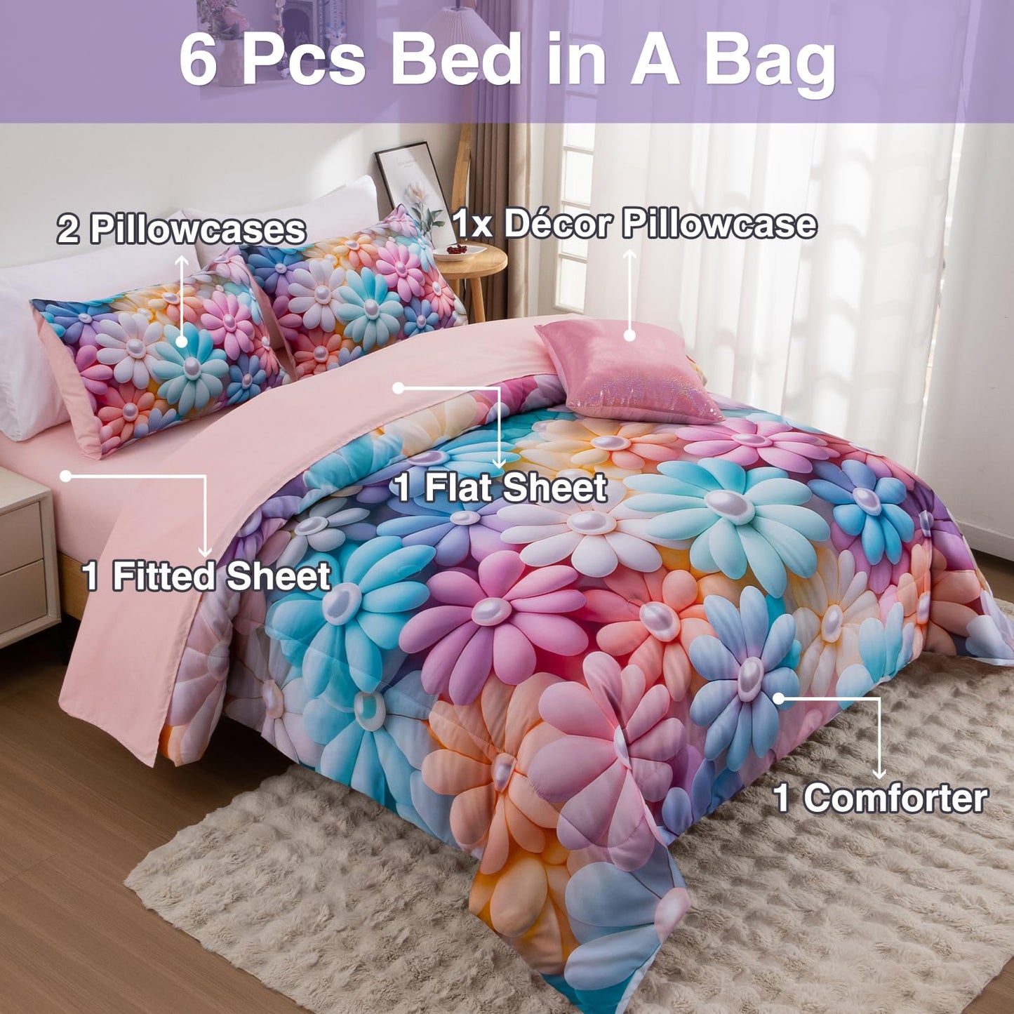 A Nice Night Stunning Blooming 3D Flower Floral Comforter Sets, with Pearl Flower Core Pattern Bedding Set for Girls Twin Size, Ultra Soft Bedding Sets (Blue-Purple, Twin 6Pcs)