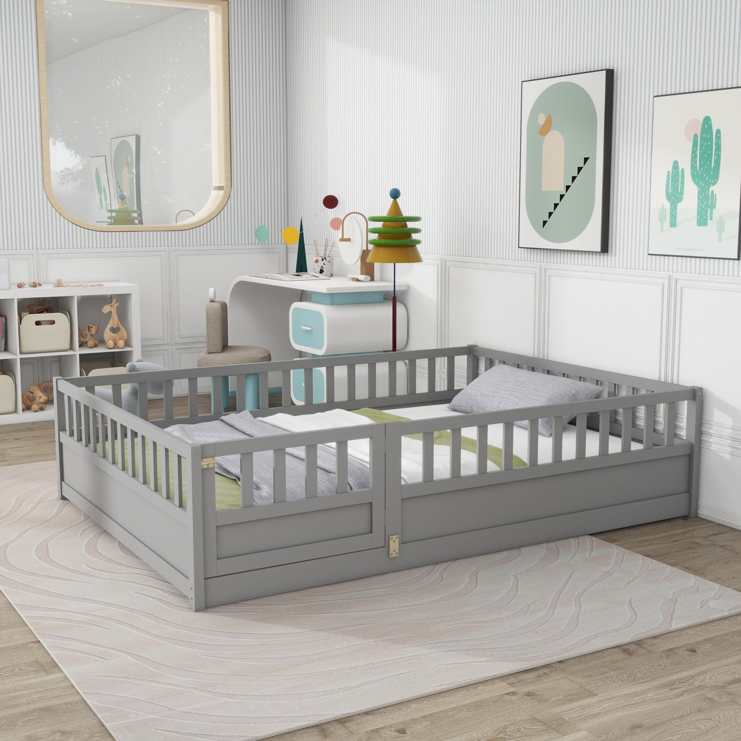 KEIKI Full Kids Floor Bed, Montessori Kids Floor Bedframe with Fence & Door, Children's Wood Bed for Living Room, Gray