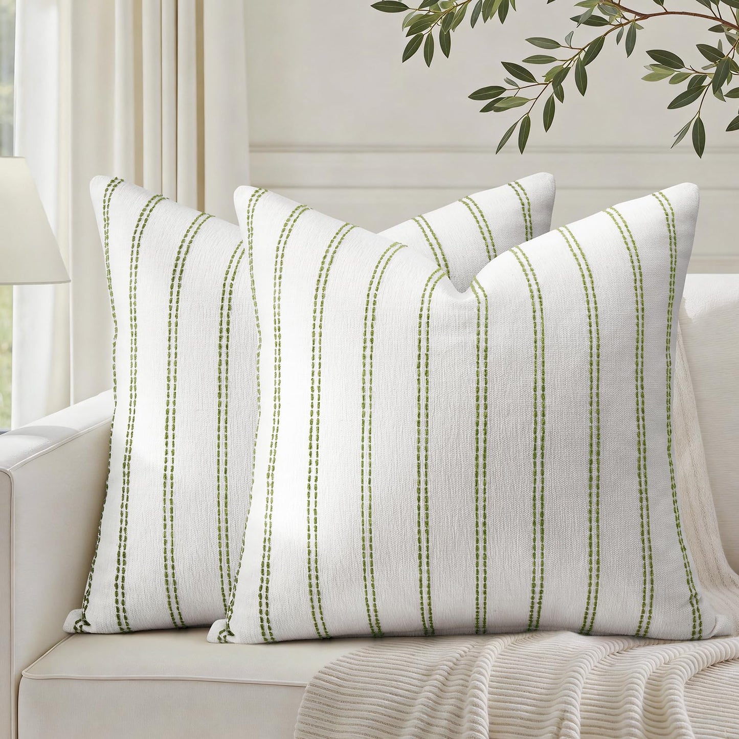 HOMEIDEAS Decorative Sage Green Throw Pillow Covers 20x20 Set of 2, Striped Textured Farmhouse Pillow Covers, Soft Chenille Cushion Covers for Couch Sofa Bed Home Decor