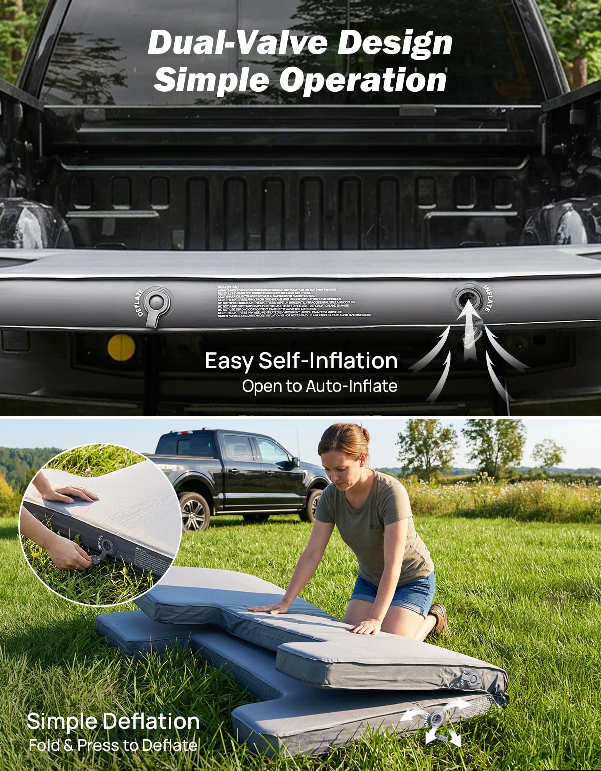 JOYTUTUS Foam & Air Camping Mattress for 5.5-5.8Ft - 4" Thickened Self-Inflating Car Bed, Wear-Resistant, Portable Sleeping Pad Fits,Full Size Short Beds for Pickup Outdoor Camping