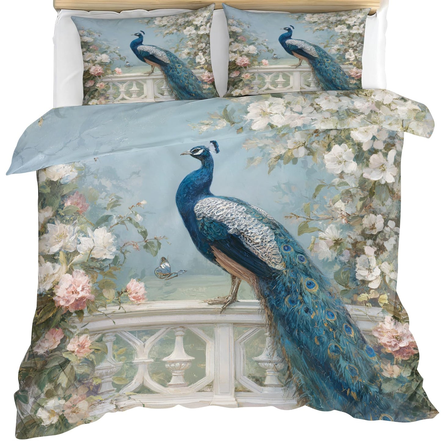 Blue Peacock Comforter Cover 68" x 90", Bird and Floral Bedding Twin Size, Chinoiserie Duvet Cover with 2 Pillowcases