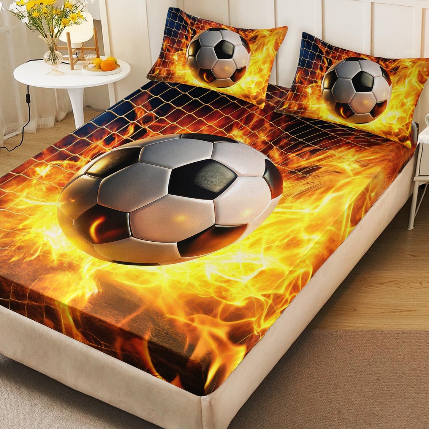 HOSIMA Soccer Twin Bedding Sets for Kids,Soccer Wrapped in Fire Kicked into Goal,Lightweight Sports Themed Football Fitted Sheet for Teens Boys Room Decor,1 Fitted Sheet+2 Pillowcases.
