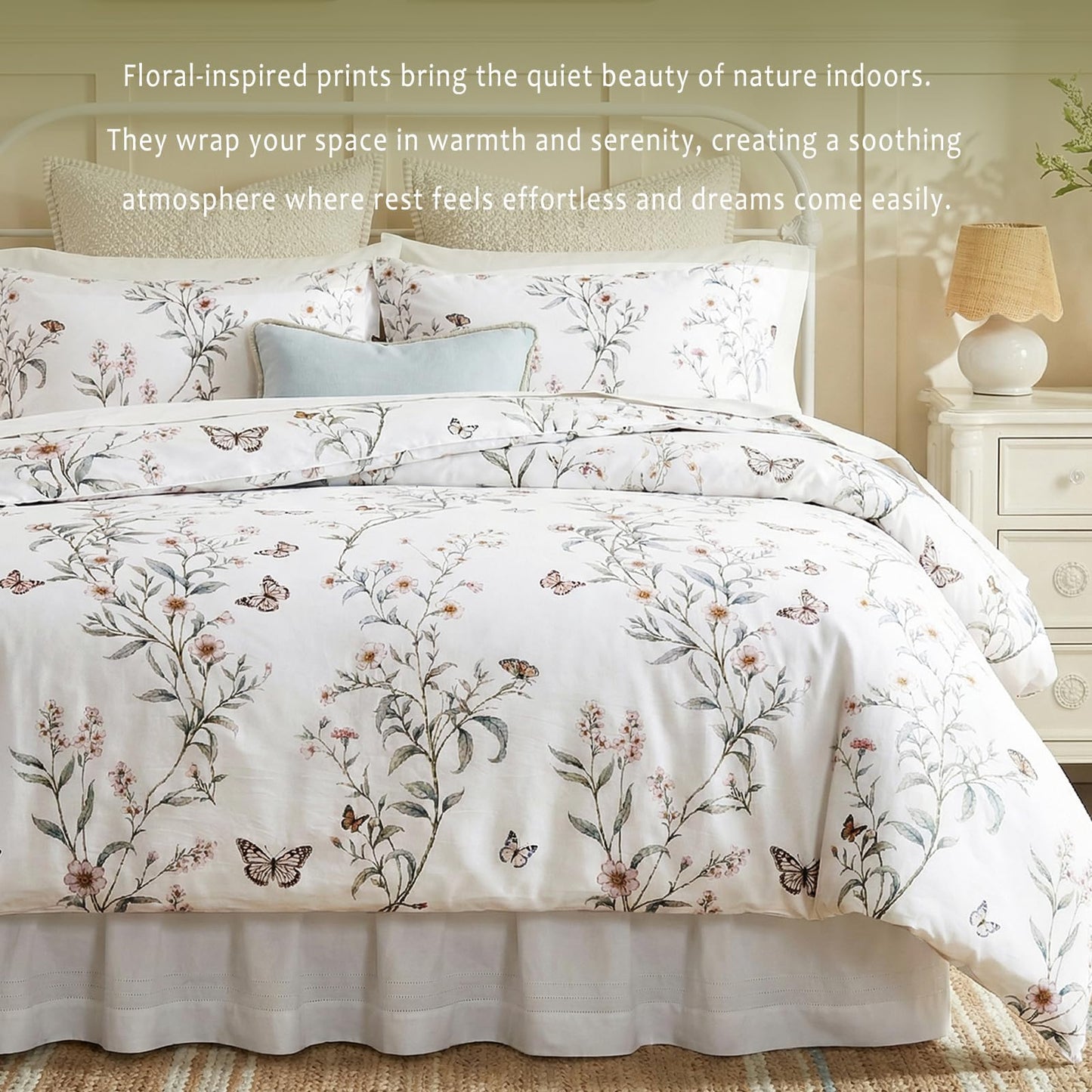Bedorm 100% Cotton Duvet Cover Set Queen Vintage Floral Bedding Set Green Leaf Branches Flower Pattern 3 Pcs Soft Durable Duvet Cover with Zipper Closure