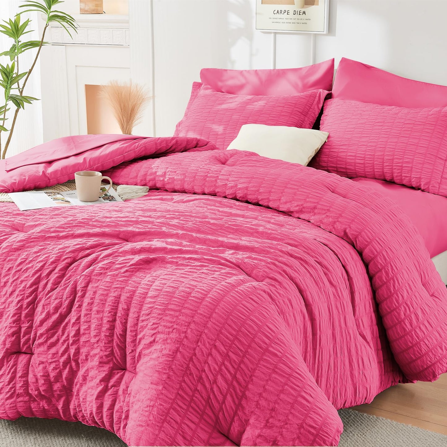 HYMOKEGE Hot Pink Twin Comforter Set Seersucker 5 Pieces, All Season Luxury Bed in a Bag for Bedroom, Bedding Set with Comforter, Sheets, Pillowcase & Sham