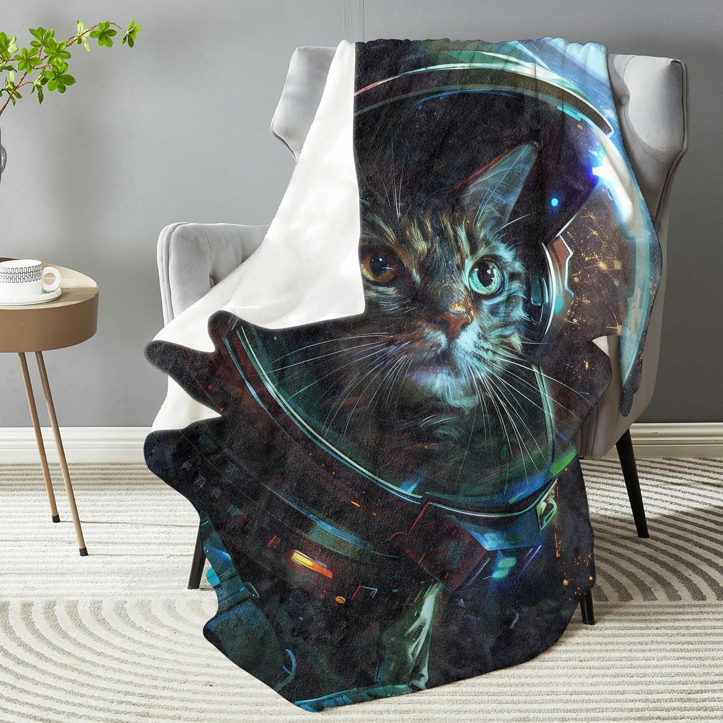 Astronaut Cat Throw Blanket - Soft Plush, Lightweight, Warm, Fuzzy Flannel Blanket for Couch, Bedroom, Travel, Bed, Outdoor - Comfy 50in×60in