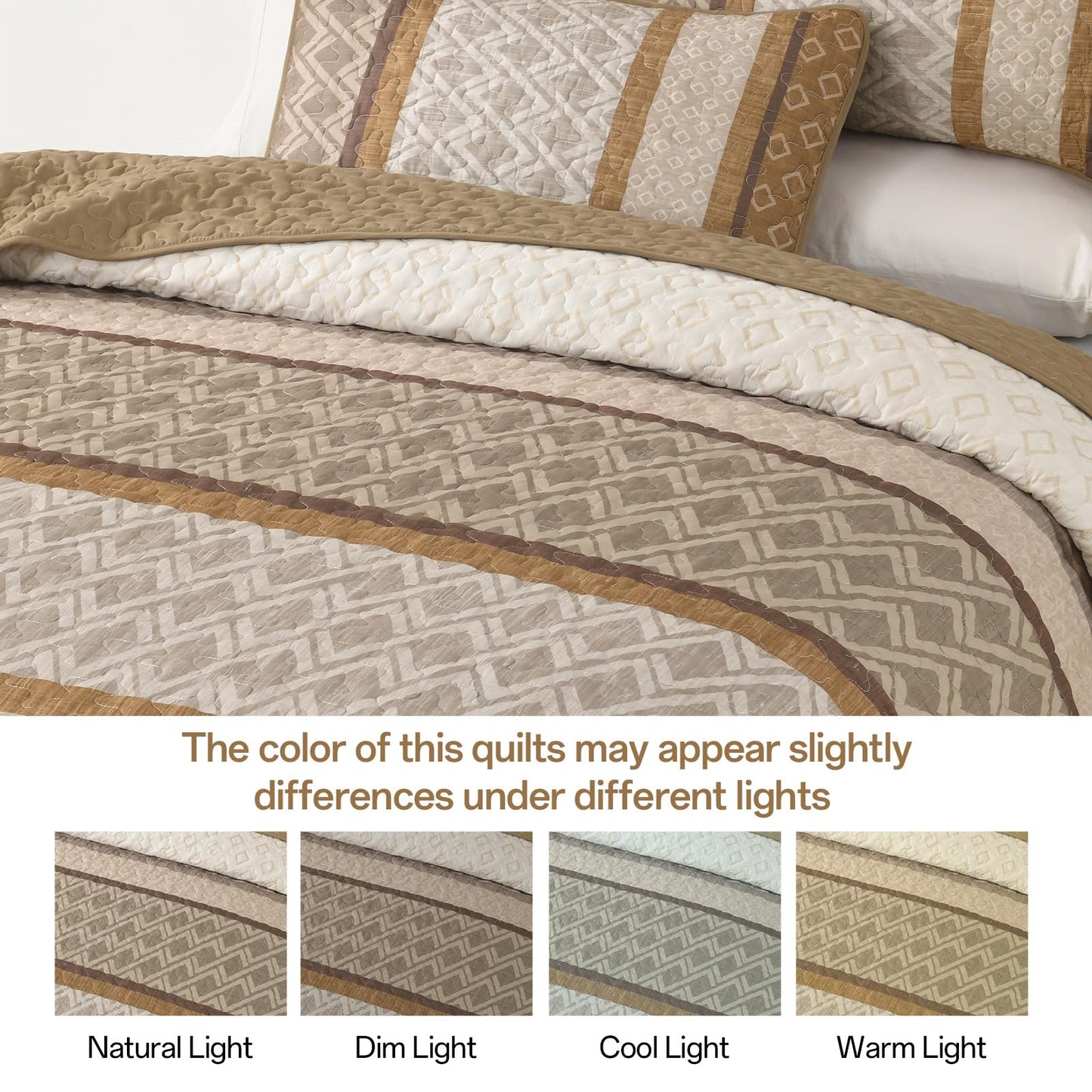 Dinjoy Boho Queen Quilt Set, Striped Bedspread Queen Size, Light Brown Bedding Sets 3 Pieces Micofiber Lightweight Quilts with 2 Pillow Shams Coverlet Bed Sets for Women Men 96''x90''