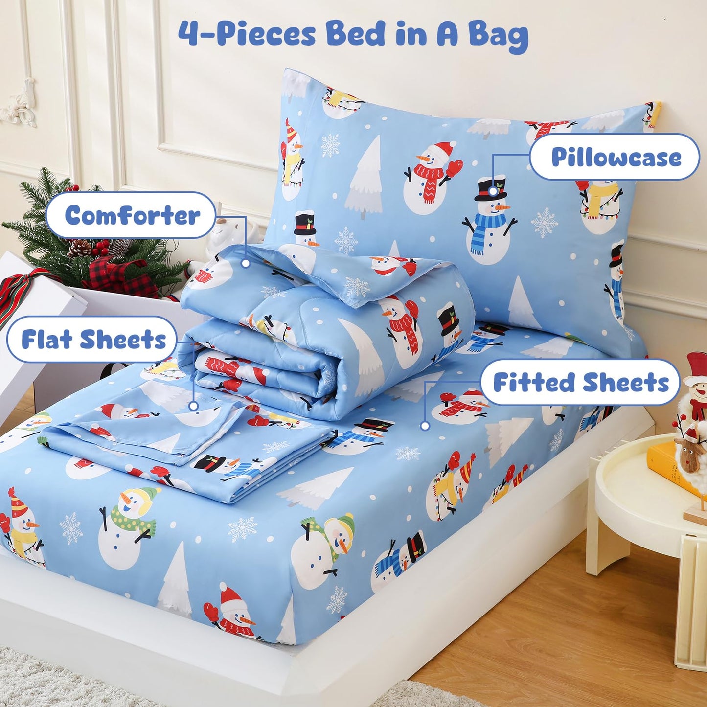 LONAVA Winter Toddler Kids Comforter Set - 4 Pieces Toddler Bedding Sets for Boys Girls Children, Ultra Soft Microfiber Bed in A Bag with Flat Fitted Sheets, Snowman