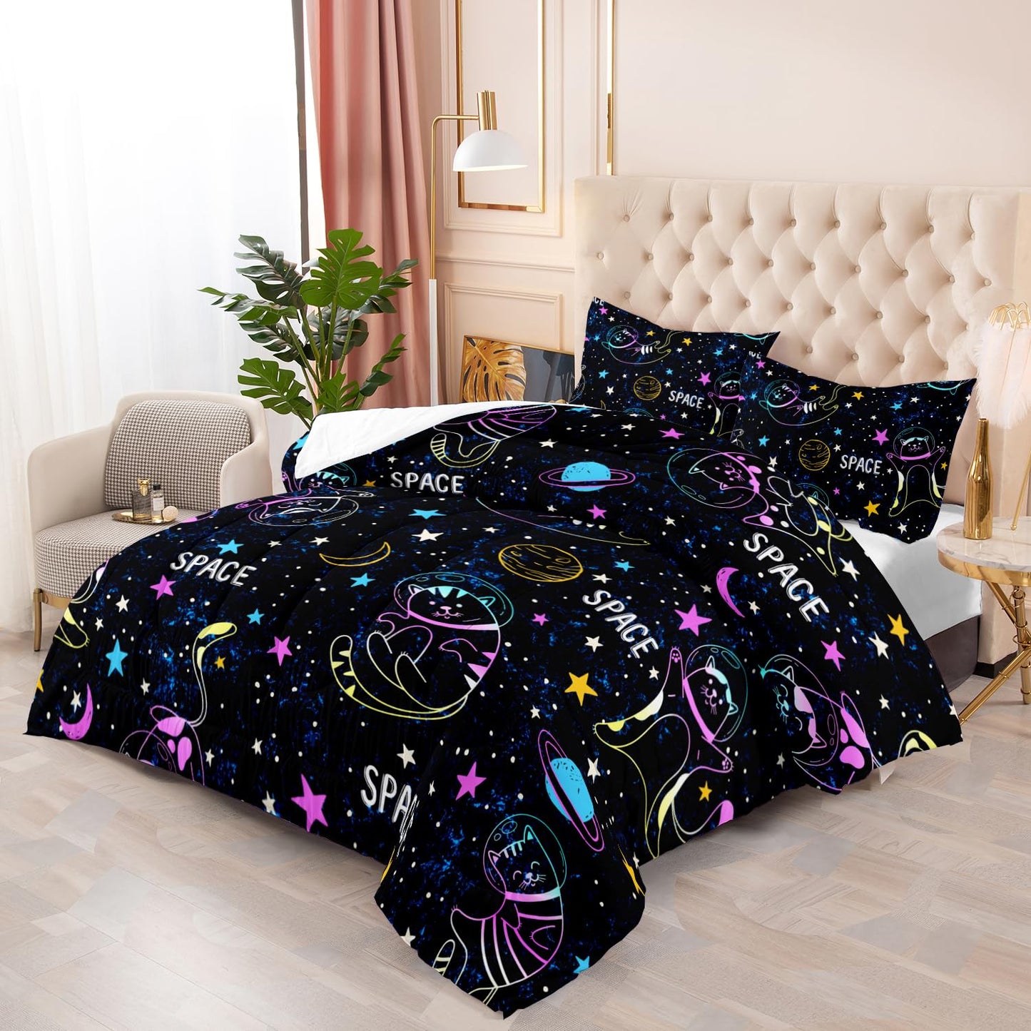 Nttopship Space Cat Comforter Set Queen,Kawaii Cat Moon Stars 3 Pieces Bedding Set for Teens Kids,Galaxy Down Alternative Bed Comforters Bedding Sets for All Season