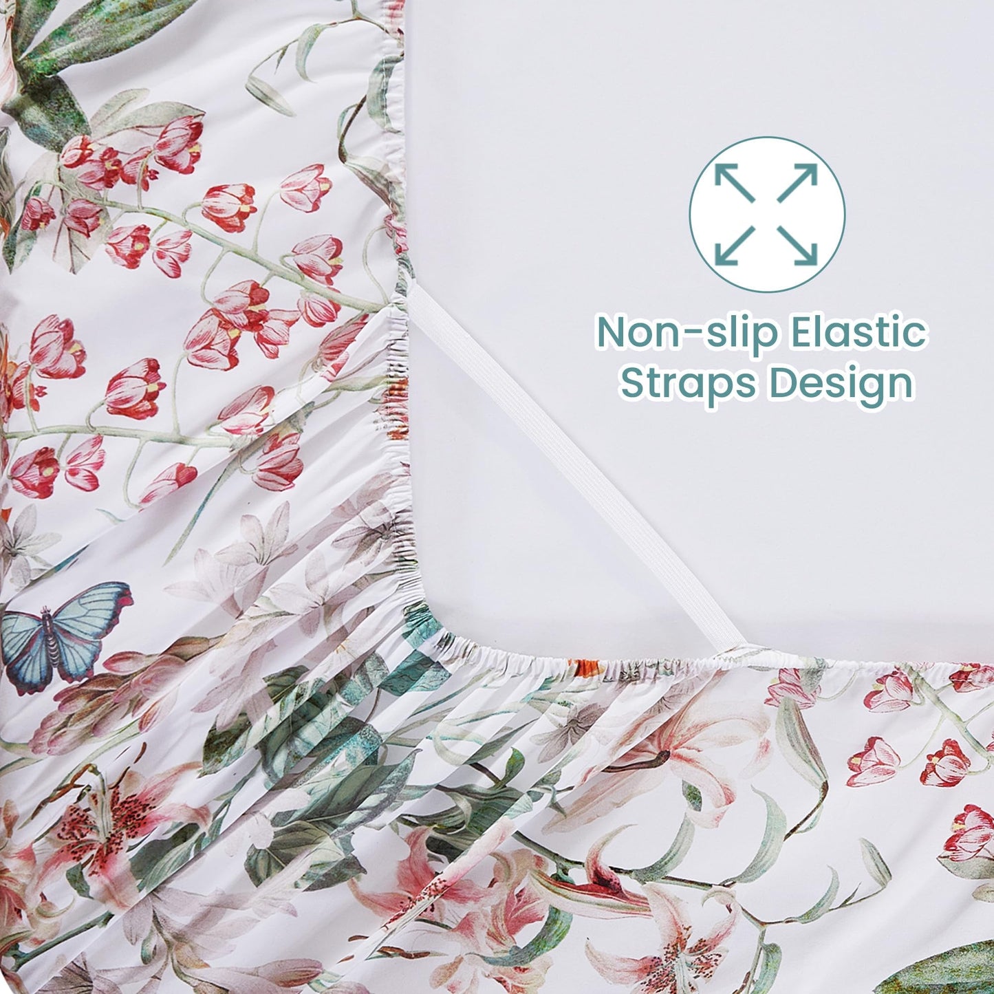 Softan Green Floral Full Sheet Set, Cozy Microfiber Butterfly Printed Fitted Bed Sheet with 15" Deep Pockets & Non-Slip Straps, Cute Girls Patterned Double Sheets & Pillowcase Set