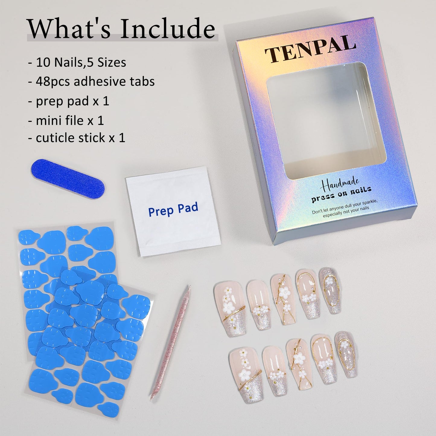 TENPAL 10PCS Soft Gel Press on Nails with Tools Kit,French Cat Eye Cherry Blossom 3D Gold Edge Fake Nails,Hand-Painted Sparkling Floral Design Glue on Nails,K-Style Medium Long Coffin False Nails(XS)