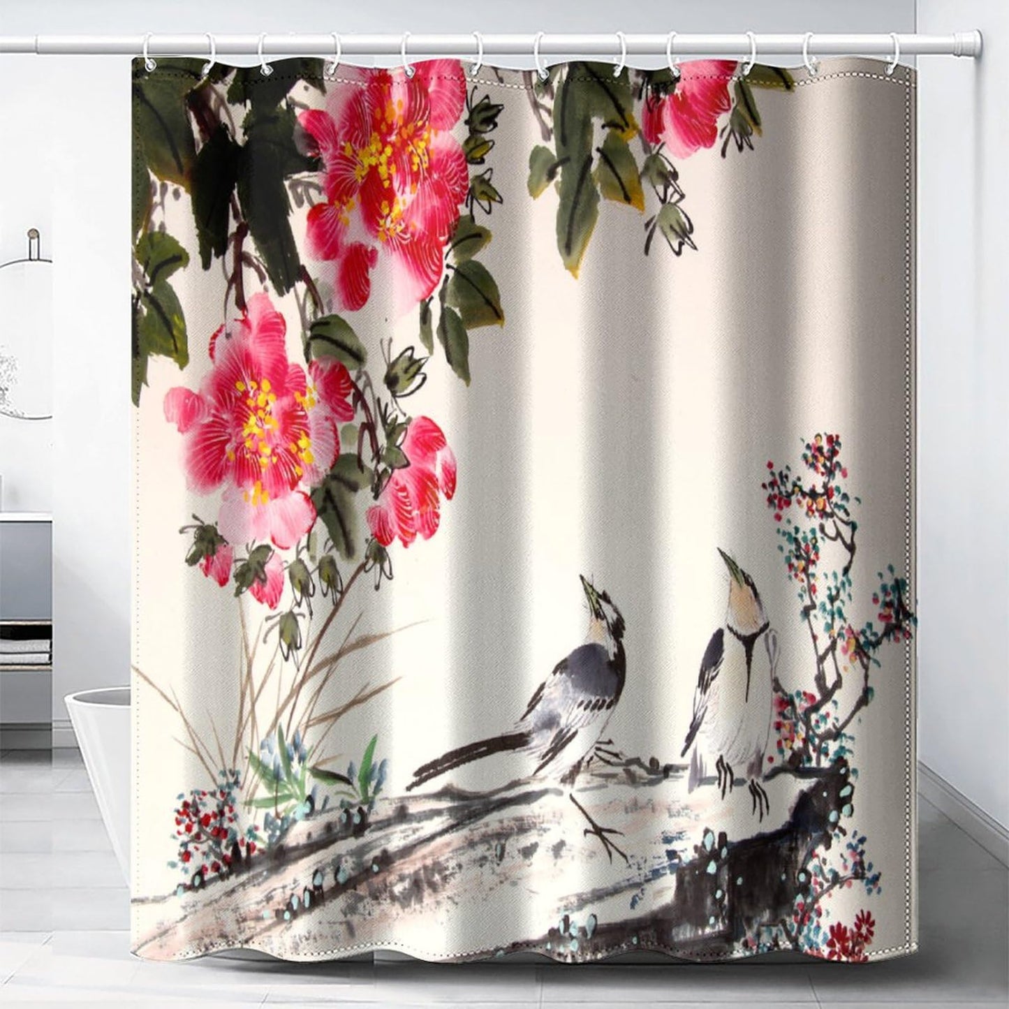 DDCBNS Chinese Traditional Ink Painting Shower Curtain,Japanese Cherry Blossom Spring Nature Flower Birds Print Shower Curtain for Bathroom Decor Fabric Waterproof Upholstery Hook 66x72inch
