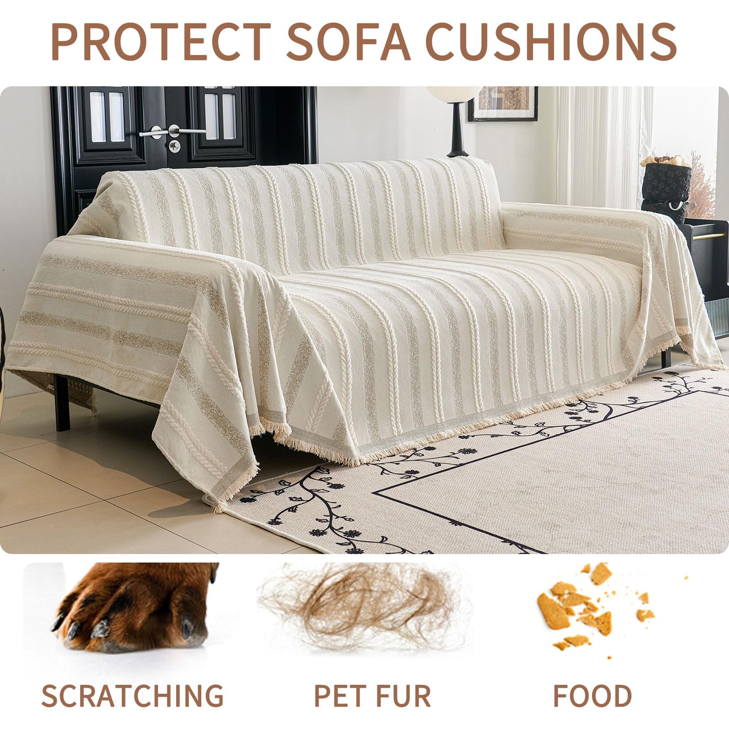 HAOMAIJIA Non Slip Couch Cover Sofa Covers for 3 Cushion Couch Washable sectional Couch Covers for Dogs pet Furniture Protector Couch Cover Blanket for Living Room (TM-Cream White, 91"x134")