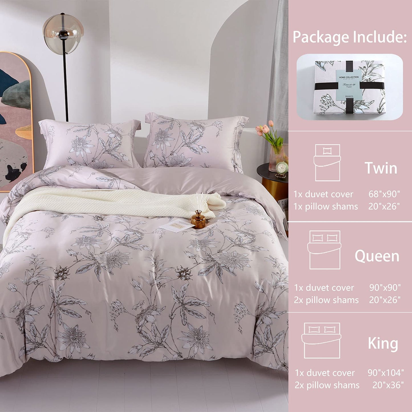 MILDLY 100% Long-Staple Cotton Duvet Cover Set Light Pink Elegant Floral Pattern Printed Comforter Cover 3pcs, Ultra Soft & Breathable Bedding Set