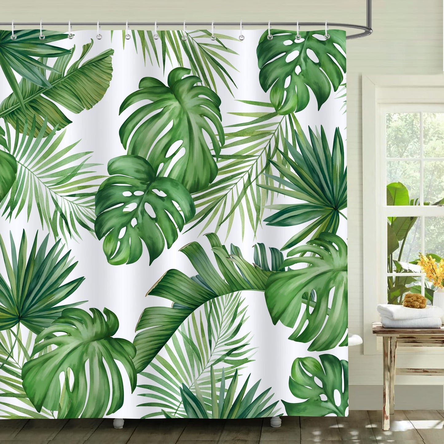 Bonhause Tropical Leaves Shower Curtain Green Palm Monstera Leaf Decorative Bath Curtain 72 x 72 Inch Polyester Fabric Waterproof Bathroom Curtain with 12 Hooks