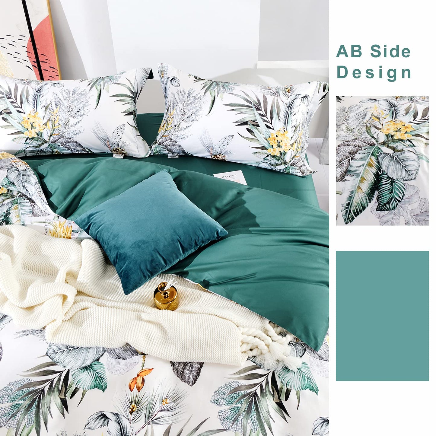 MILDLY 100% Long Staple Cotton King Duvet Cover 3 Pieces Set Summer Tropical Plantain and Floral Pattern Comforter Cover Set