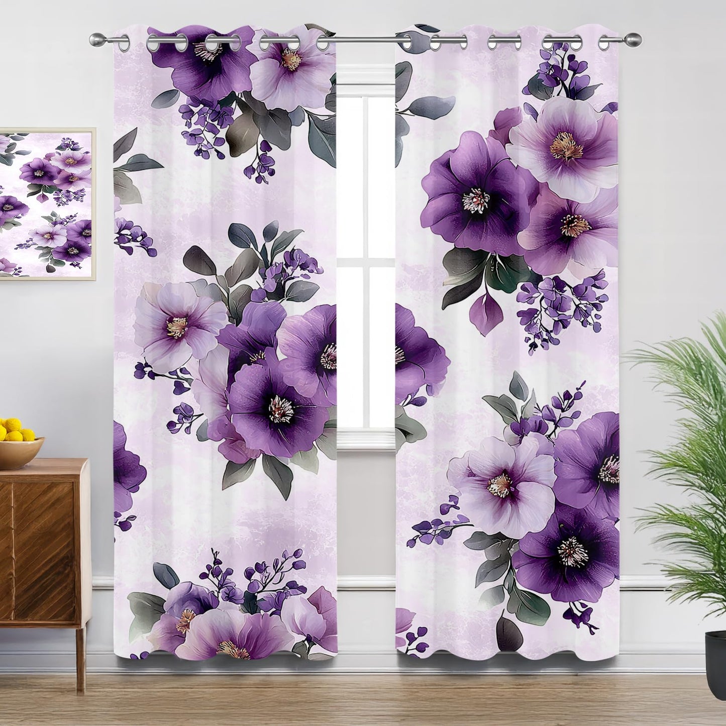 Solvivae Floral Curtains 54 Inch Length, Purple Floral Flowers Botanical Blackout Curtains for Bedroom Living Room, Room Darkening Thermal Insulated Grommet Drapes, Patterned Window Treatments