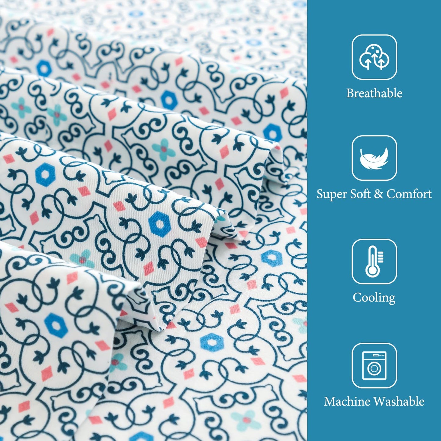 KACEMOO California King Sheet Set 4PC Blue Printed Sheets Floral Bed Sheet Boho Pattern Sheets Cooling Soft Deep Pocket Microfiber Brushed Sheet, Easy Care, Breathable, Wrinkle Free Bed Set