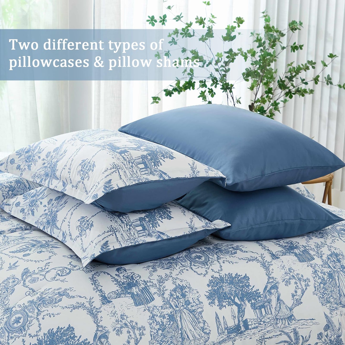 Blue Comforter Set Queen 7 Piece Bed in a Bag Toile de Jouy Botanical Comforter with Sheet Set Soft Micorfiber Bedding Set (1 Comforter,2 Pillow Shams,1 Flat Sheet,1 Fitted Sheet,2 Pillowcases)