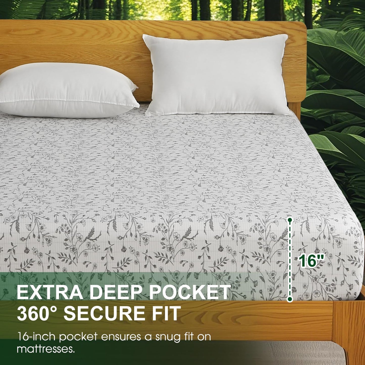 Ivellow Floral Grounding Sheets Queen 10% Pure Silver Fiber 90% Organic Cotton Fitted Sheet Queen Size 16” Deep Pocket Soft Earth Connected Bedding Patterned Fitted Bed Sheet with Grounding Cord