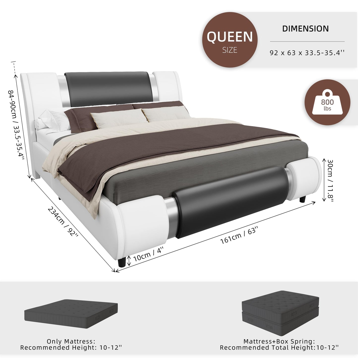 Keyluv Modern Queen Size Bed Frame with Mirror Metal Decoration, Faux Leather Upholstered Platform Bed with Curved Headboard, Wooden Slats Support, No Box Spring Needed, WhiteBlack