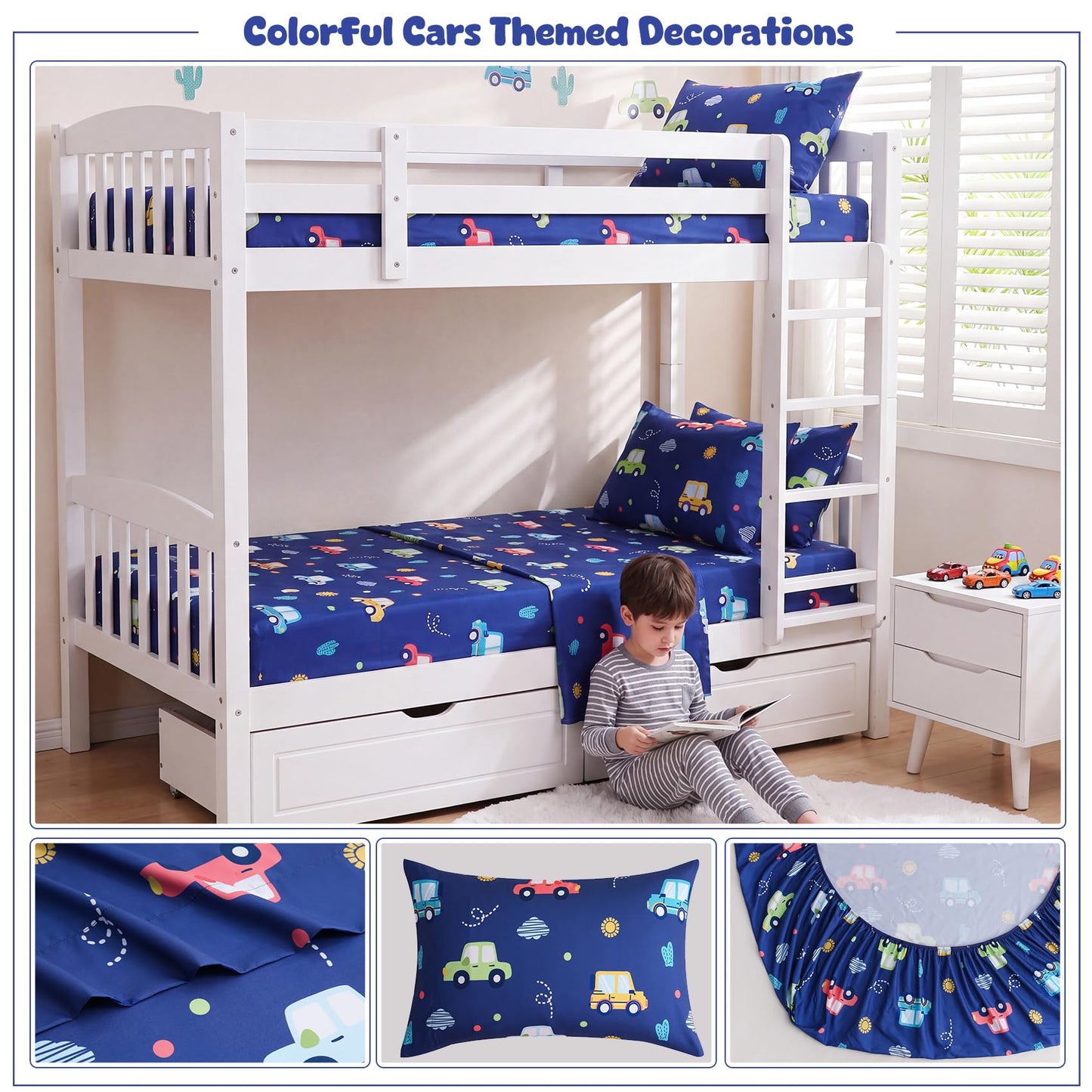 Ocharo Kids Sheet Set Full Size,Boys Sheet Set with Colorful Cars Pattern,Kids Cute Car Bed Sheet Navy Blue Soft Microfiber Deep Pocket Bedding Sheets and Pillowcases 4 Pieces.