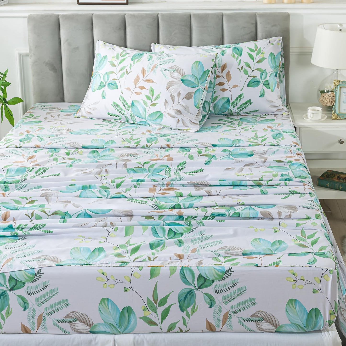 FADFAY Twin Sheet Set 100% Cotton Teal Green Leaf Print, Modern Botanical Bed Sheets, Soft Crisp & Breathable Deep Pocket Fitted Sheet, Luxury 4-Piece Bedding Set