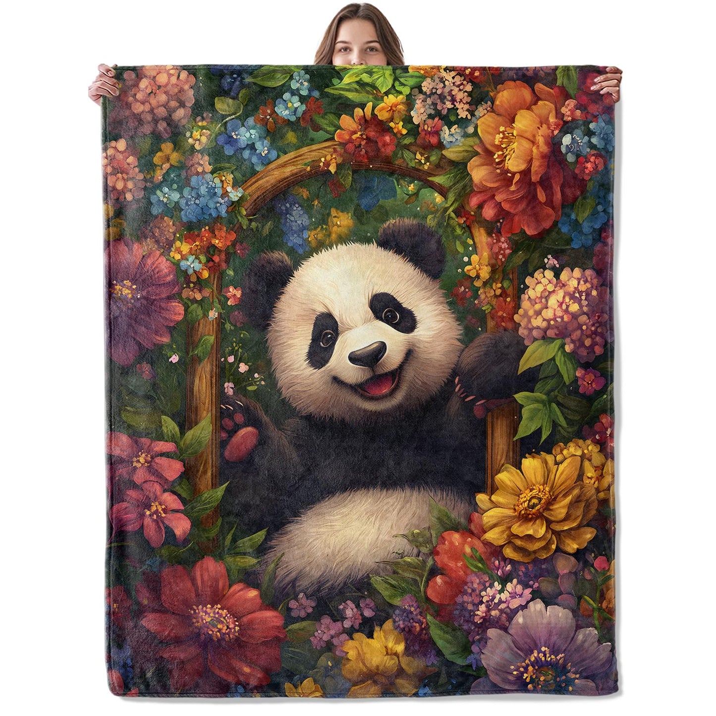 Lugiu Cheerful Panda Blanket, Lightweight Comfy Cute Pandas in Floral Frame Blankets for Couch Sofa Bedroom, Soft Plush Travel Flannel Throw Blanket Gifts for Adults Kids Women, Home Decor 60×50in