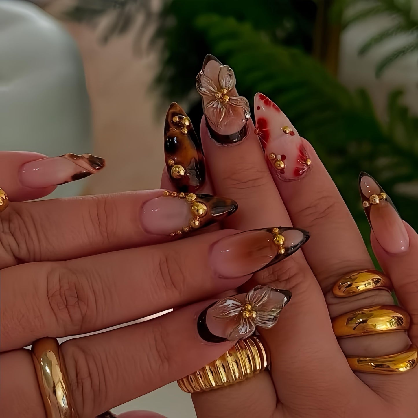 Almond Press on Nails Long Fake Nails Brown Artificial Nail with Tortoise shell and Gold Charm Designs Summer and Fall Cute Acrylic Press ons Red Flowers Handmade Nail 24pcs