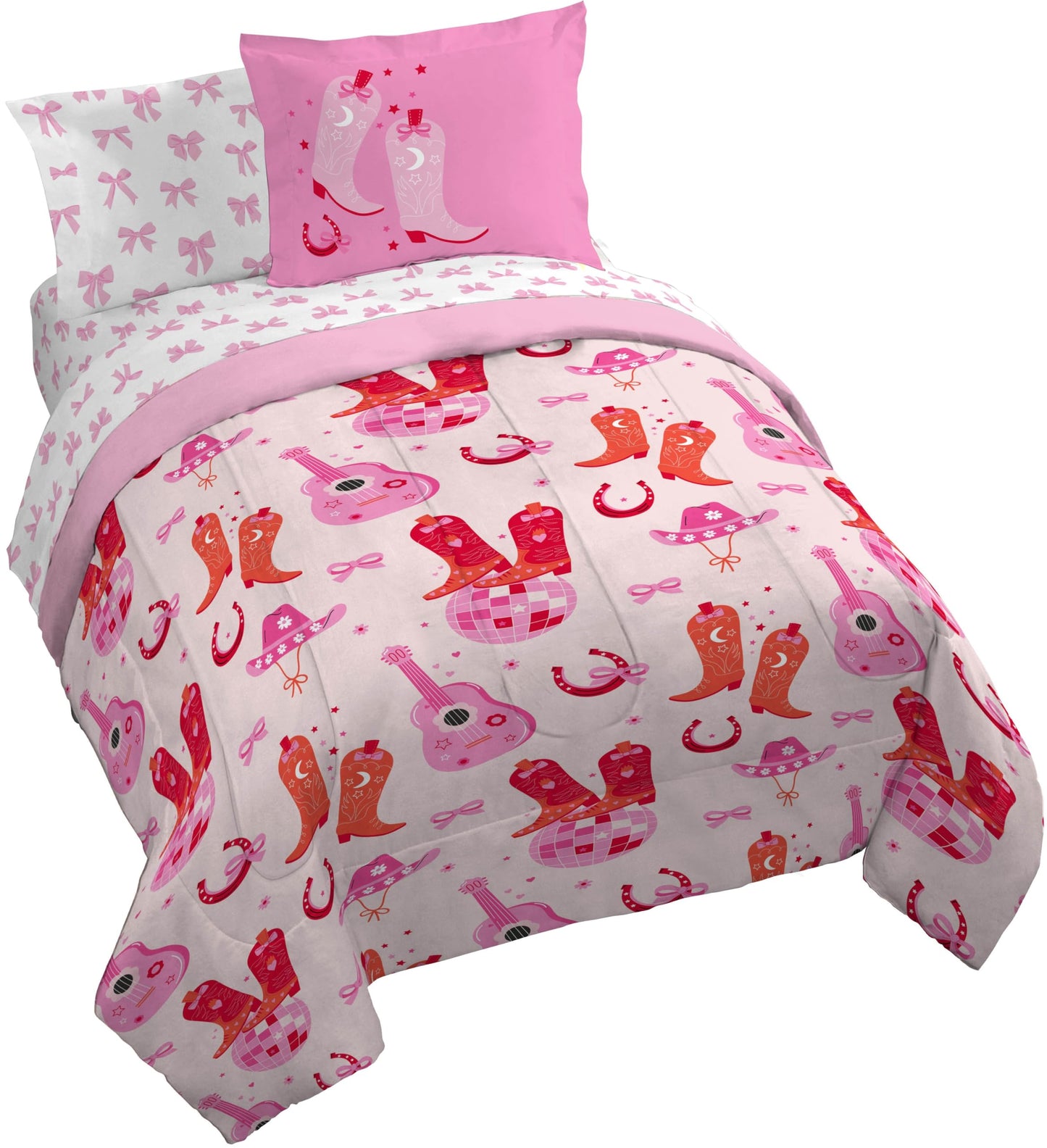 Jay Franco Kids Bed Set, Pink, Cowgirl Boots & Bows, 7 Piece Queen