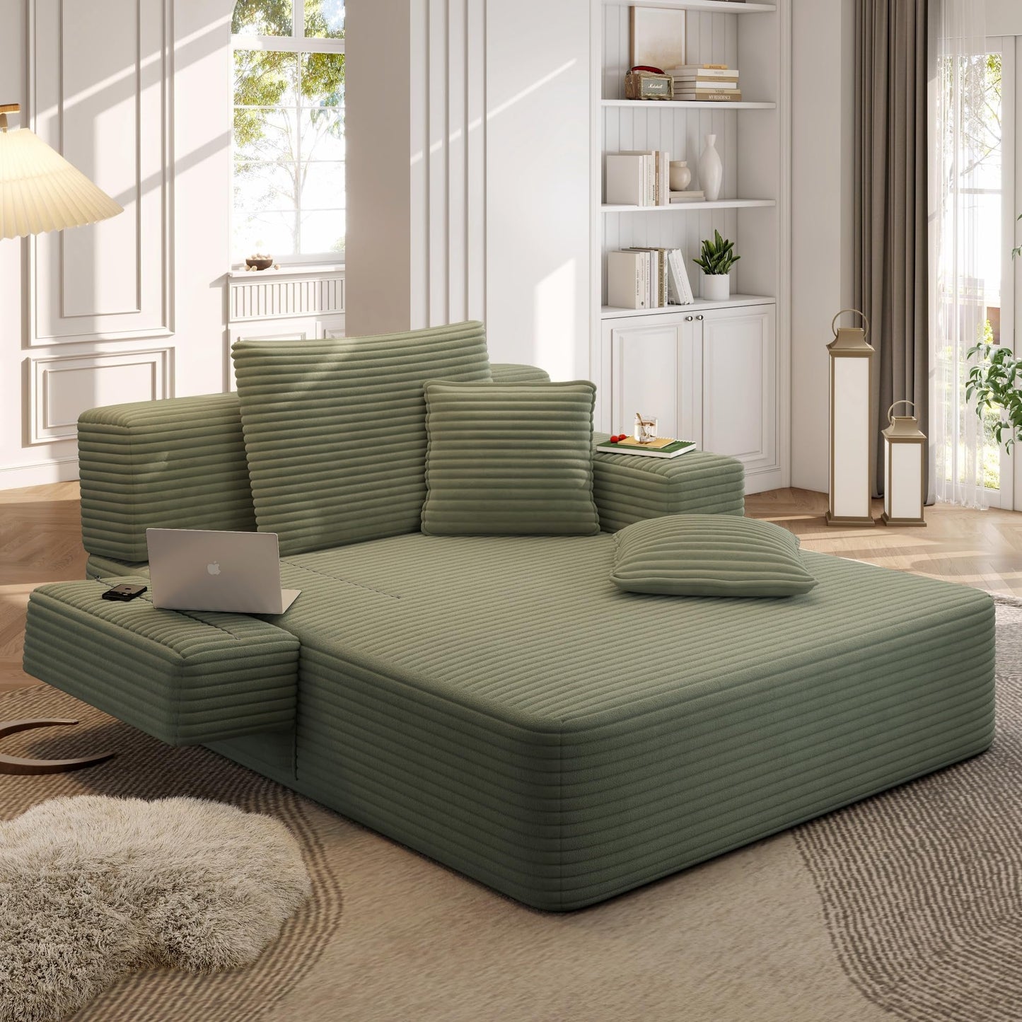 Haquiro 60.2" Oversized Chaise Lounge Chair, Boneless Corduroy Cloud Couch, Deep Seat Convertible Sofa Bed with 3 Pillows, Wide Armrests, Side Pocket, No Assembly (Green)