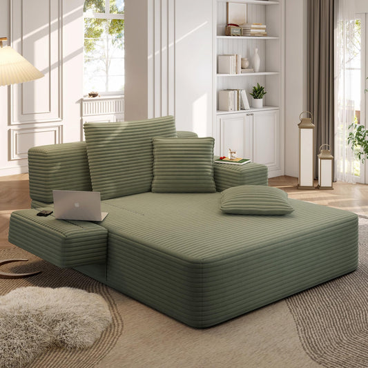 Haquiro 60.2" Oversized Chaise Lounge Chair, Boneless Corduroy Cloud Couch, Deep Seat Convertible Sofa Bed with 3 Pillows, Wide Armrests, Side Pocket, No Assembly (Green)