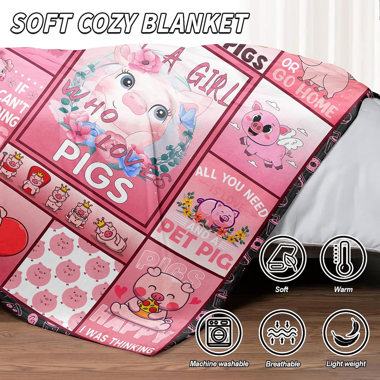 XSMEI Pig Throw Blanket, Cute Piggy Quotes Pattern, Soft Cozy Fleece Blanket for Couch Bed, 60 x 80 Inches