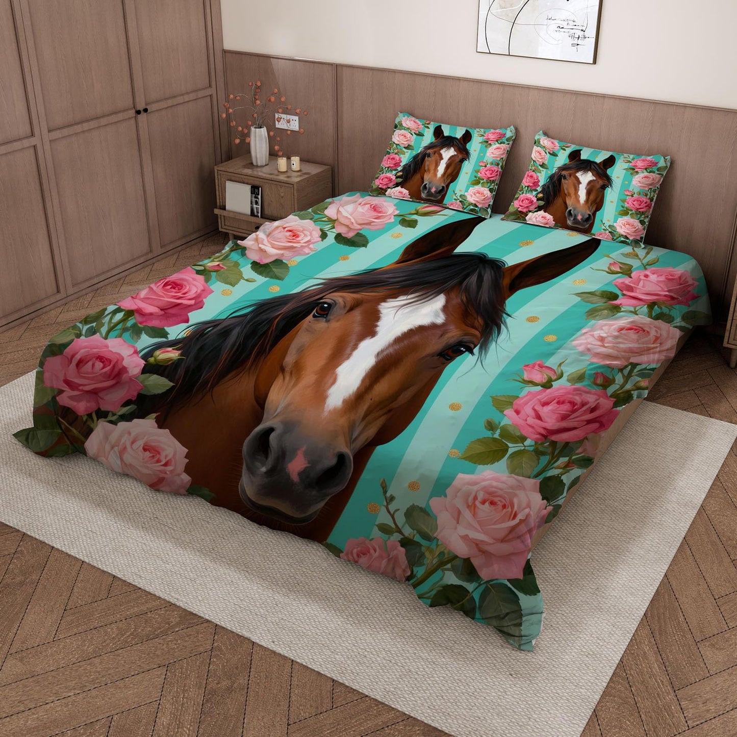 3D Horse Duvet Cover King Size 104x90in Soft Breathable Microfiber Flower Bedding Set Zipper Closure Reversible Comforter Cover 3 Pieces with 2 Pillow Shams (WJT 23-8)