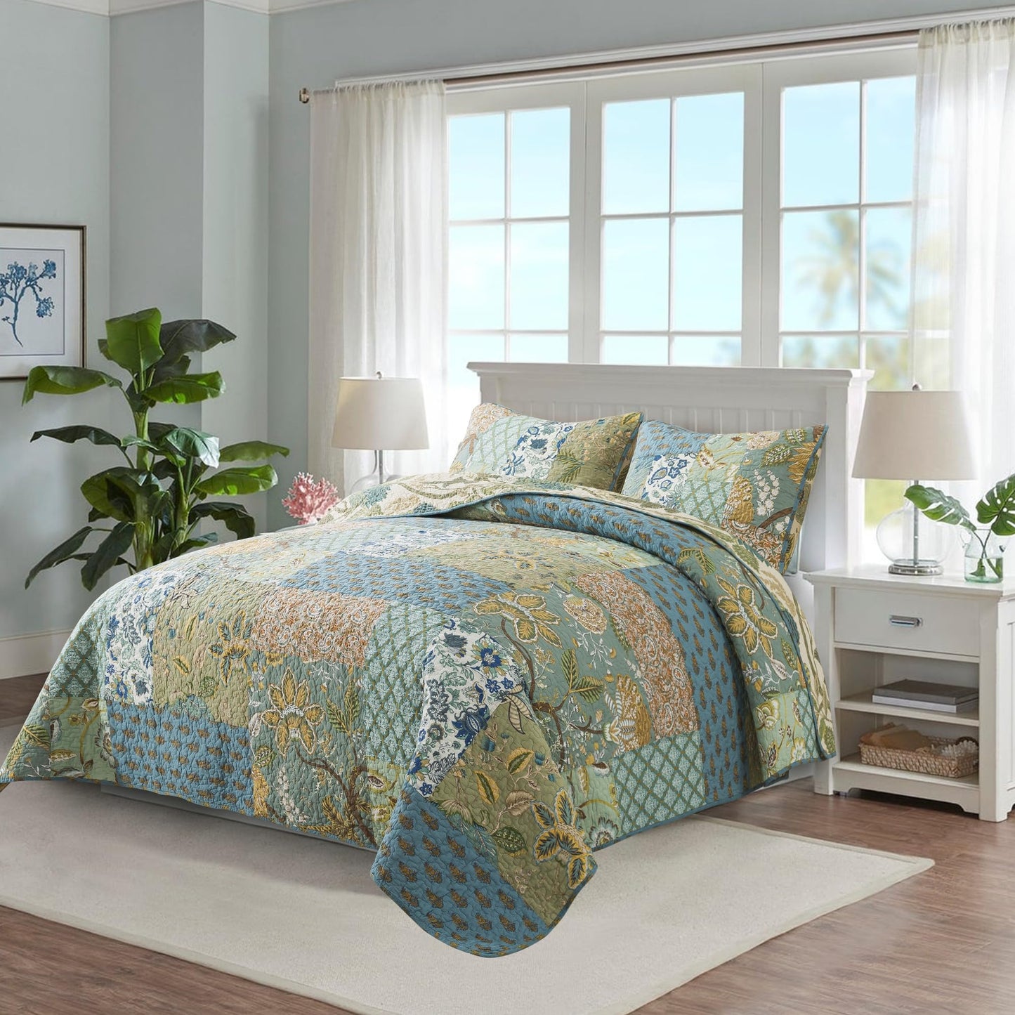 NEWLAKE Quilt Set King Size, 100% Cotton Patchwork Green Bohemian Quilt Sets, Reversible Bedspread Lightweight and Breathable for All Seasons, Soft Quilted Bedspread with 2 Pillow Shams
