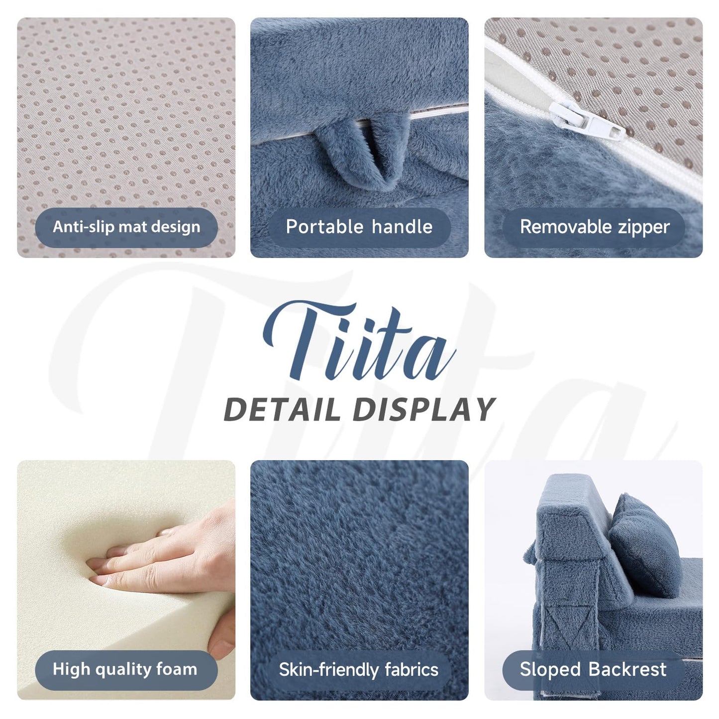 Tiita Convertible Folding Kids Sofa Bed with Pillow & Storage Bag, Plush Fabric Floor Mattress Couch Bed, Washable Cover, Kids Room, Playroom, Dorm, Apartment, Blue Grey