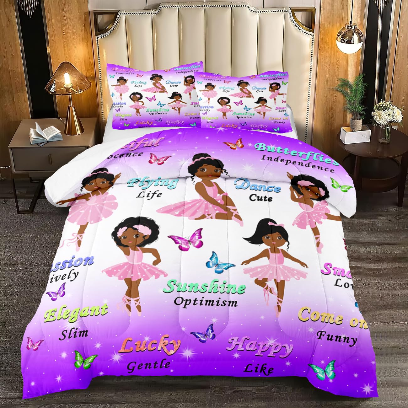 BATATADOCE African Black Girl Bedding Set - Black Girl Comforter Set for Girls Purple and Pink Twin Comforter Set for Girls