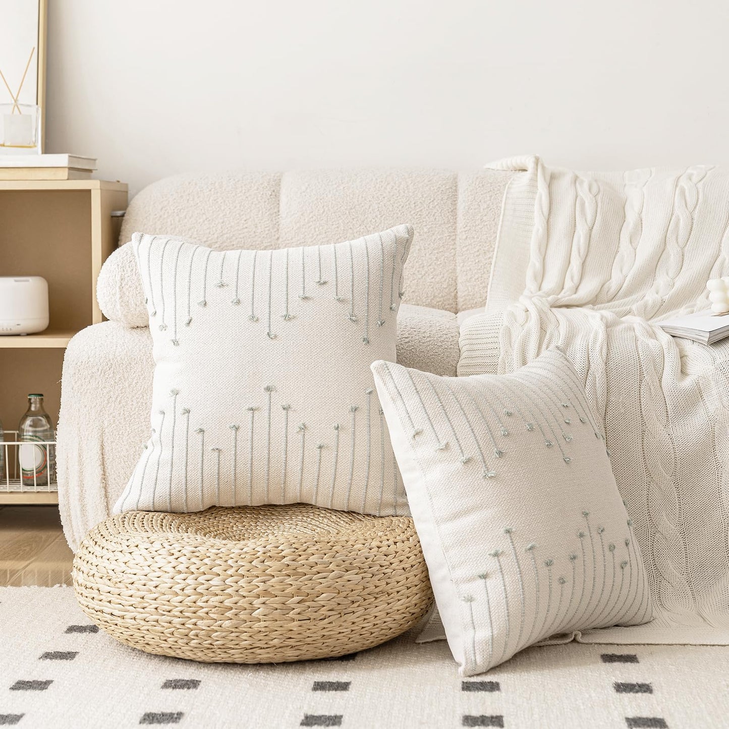 LILEPOY Boho Throw Pillow Covers 18x18 Set of 2 Neutral Decorative Textured Cushion Case Farmhouse Pillowcase Modern Square Pillow Covers for Sofa,Couch, Living Room,Beige and Green