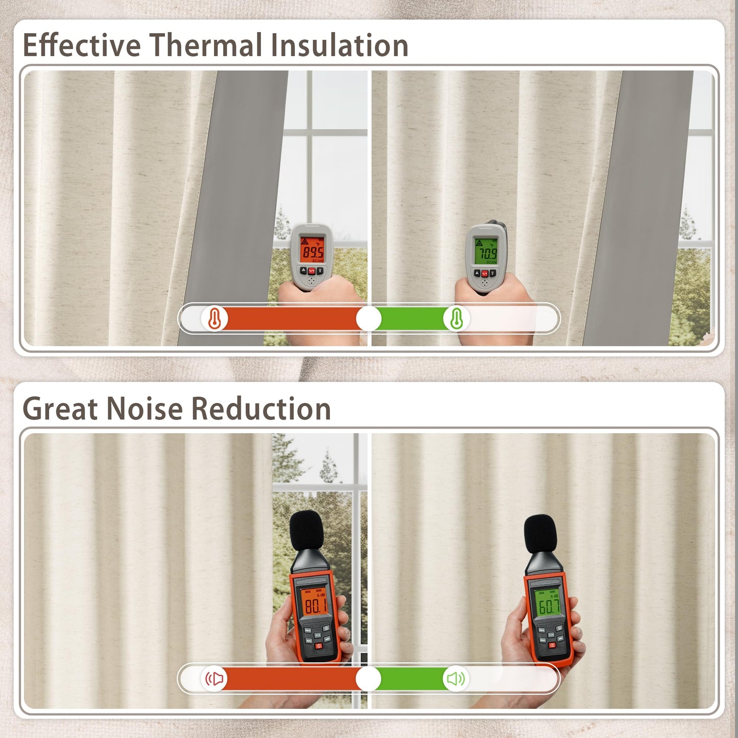 HESTIA 100% Blackout Natural Linen Curtains for Bedroom 84 Inches Long 2 Panels Set Noise Reducing Room Darkening Window Curtain for Living Room Back Tab Farmhouse Drapes (52 x 84 Inch)