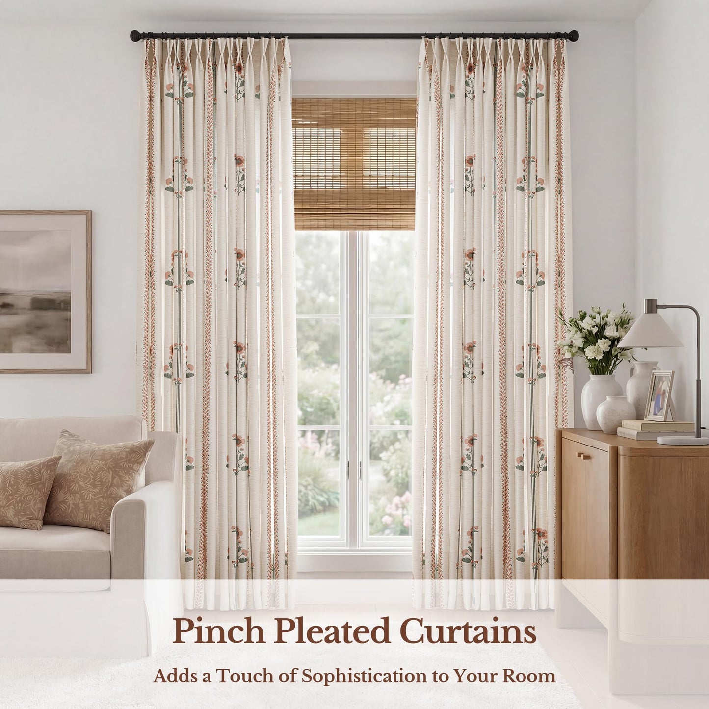 Pinch Pleated Nursery Curtains Luxury Pink Sheer Floral Curtains for Girls Room Bedroom Living Room - 108 Inch Length Modern Farmhouse Floral Printed Drapes with Hooks - 2 Panels Set