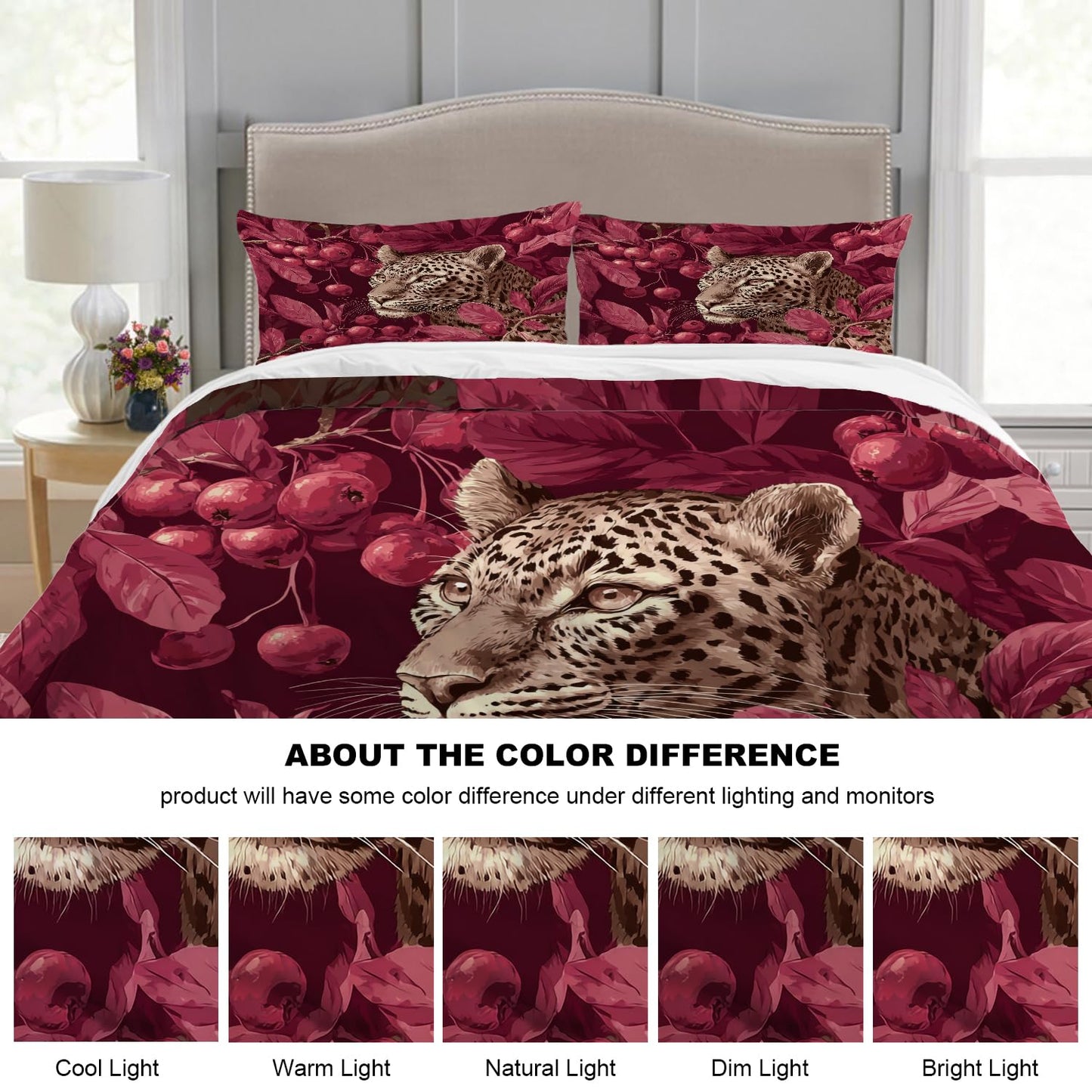 Batmerry Cute Leopard King Size 100% Cotton Duvet Cover Sets, in Red Berries Bedding Set with Zipper Closure Corner Ties, 3 Pieces (1 Cover + 2 Pillowcases No Comforter)