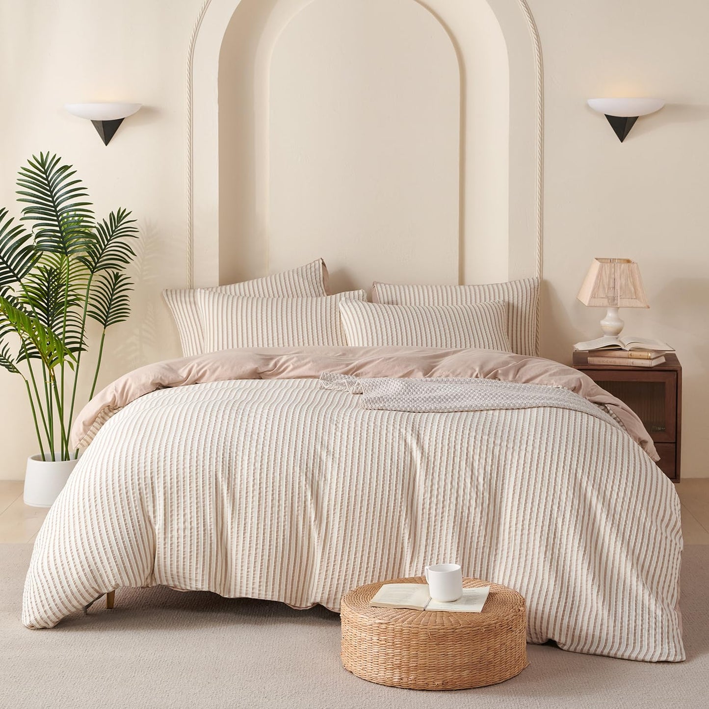 BUPIRD Queen Comforter Set Striped Beige 100% Soft Washed Microfiber Jacquard 3 Pieces Striped Bedding Sets Beige White Comforter for All Seasons and 2 Pillowcases Comfort Breathable