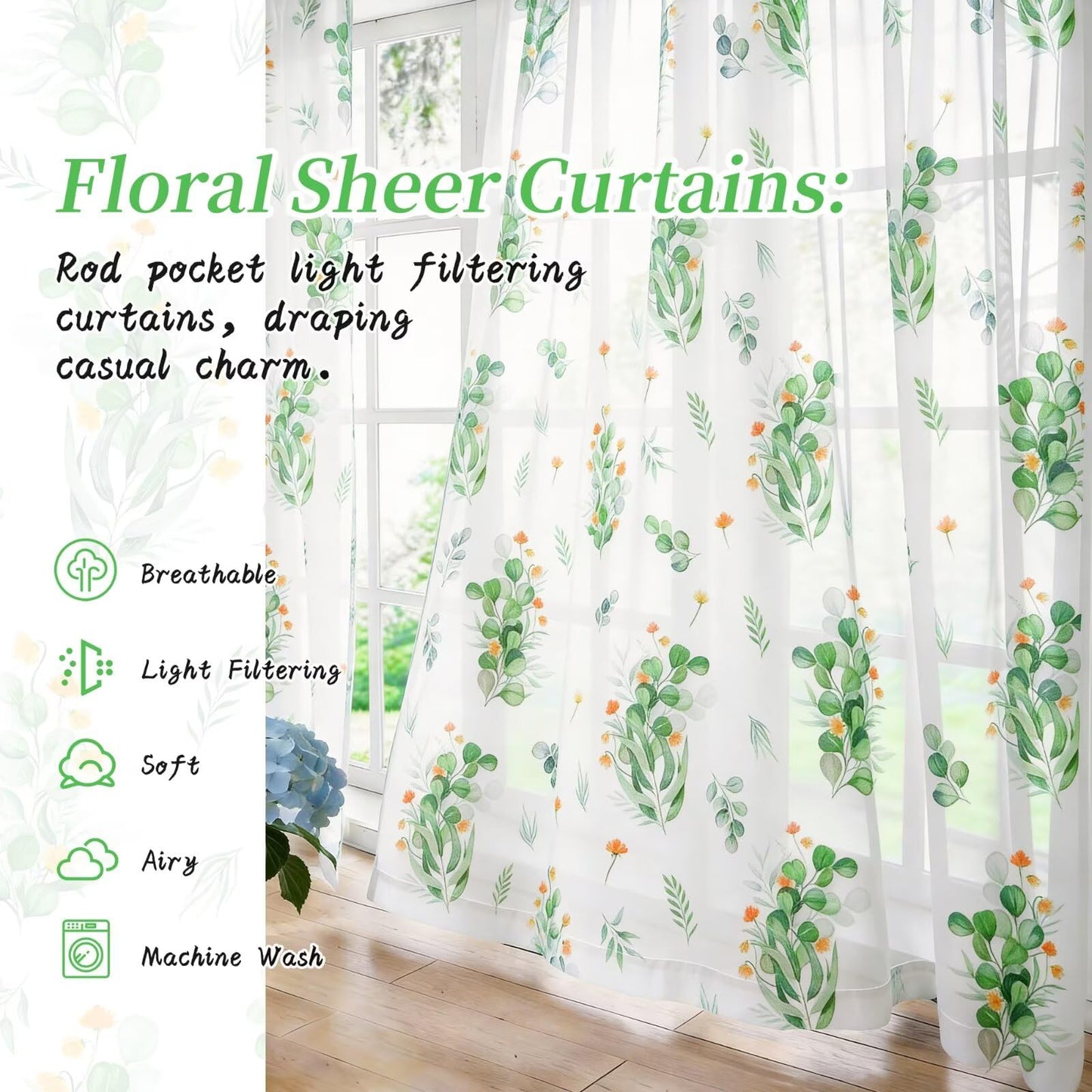 youleyar Floral Sheer Curtains for Living Room 84 Inches Long 2 Panels White Semi-Sheer Curtain with Green Floral Printed Pattern Summer/Spring Rod Pocket Voile Drapes for Bedroom, 52" W x 84" L