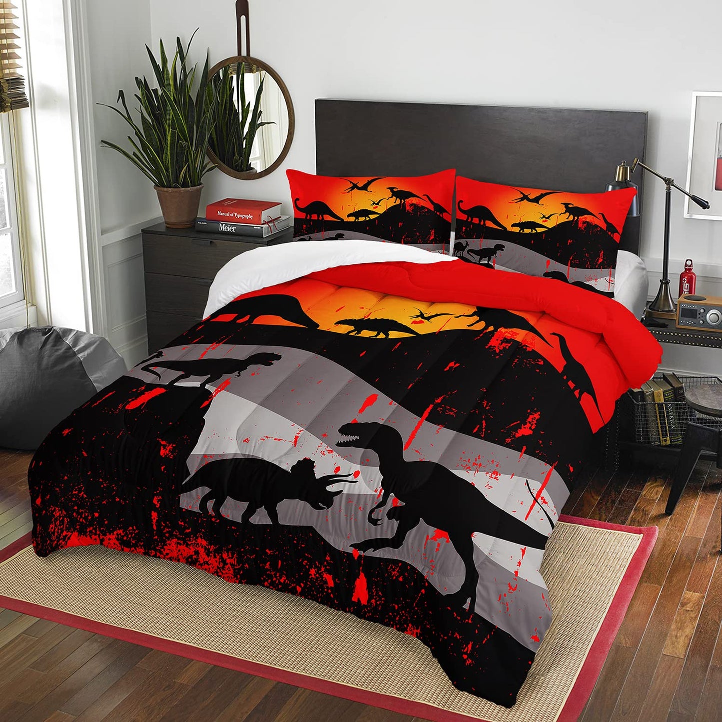 XYNHML Cartoon Dinosaur Comforter Set Full 3Pc Kawaii Dinosaur Bedding Set All Season with Tree, Leaf Decoration Includes 1 Comforter, 2 Pillowcases for Kids Girls Teens